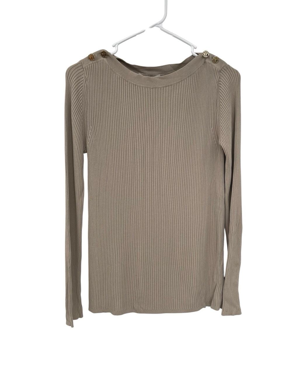 Max Mara Ribbed Top Long Sleeve Shoulder Buttons Tan Size XS
